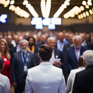 An image of a crowded convention hall filled with booths, banners, and attendees networking and exchanging business cards