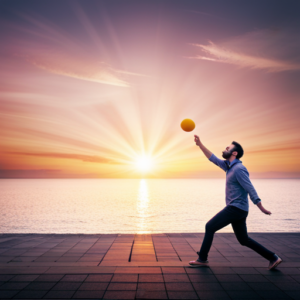 An image of a person juggling two different sized balls, one representing online sales and the other representing offline sales