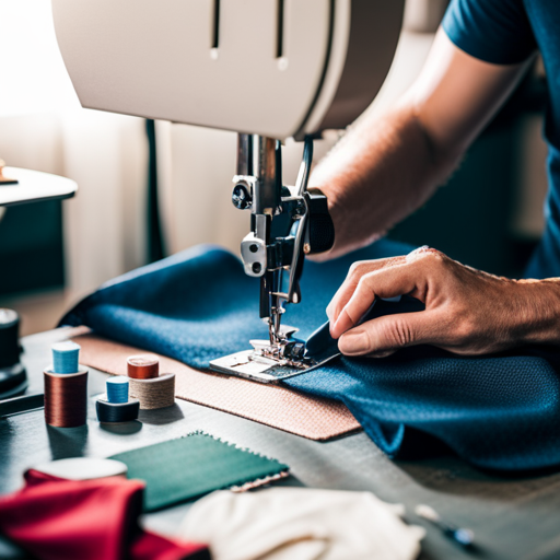 An image of a beginner sewing a costume, using a sewing machine to create clean hems and seams, with a variety of fabric swatches and costume pieces laid out on a table