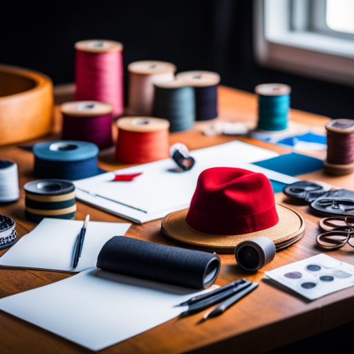 An image of a work table covered in various fabrics, sewing supplies, and sketches of costume designs