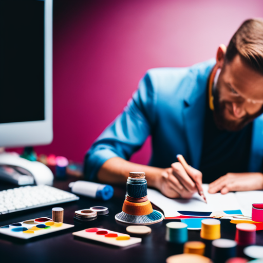 An image of a business owner sitting at a desk, surrounded by vibrant and diverse crafting materials such as paint, fabric, and paper