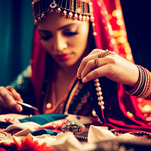 An image of a person carefully hand-sewing intricate embroidery onto a traditional garment, surrounded by vibrant fabrics, beads, and feathers