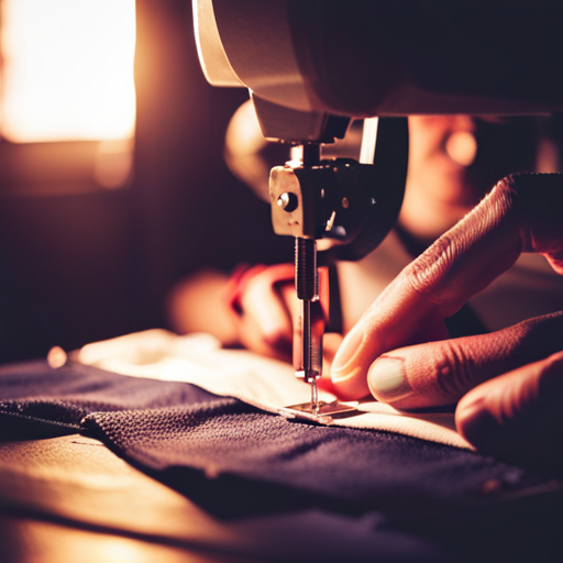 An image of a cosplayer crafting a detailed animated character costume, using a sewing machine, fabric, and intricate accessories