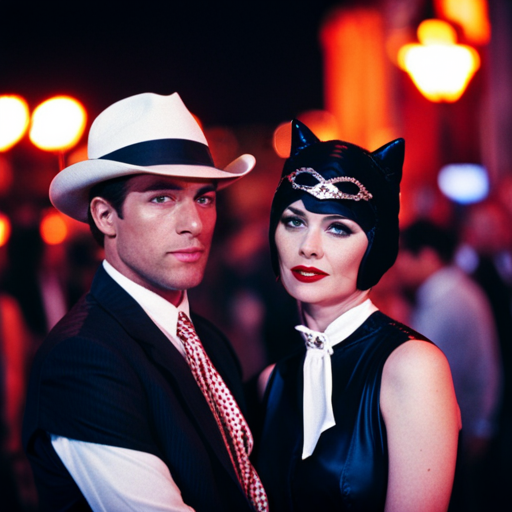 An image of a couple wearing coordinating costumes, such as Bonnie and Clyde, Batman and Catwoman, or Sandy and Danny from Grease