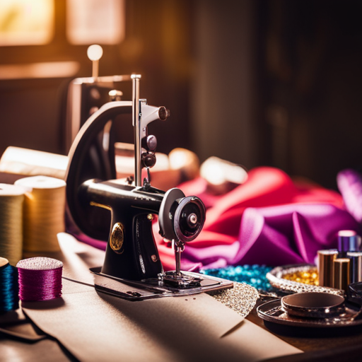 An image of a worktable covered in colorful fabric, ribbons, and glitter, with a sewing machine and various costume accessories like feathers, sequins, and beads scattered around