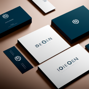 An image of a sleek, modern logo design displayed on various branded items such as business cards, letterhead, and packaging