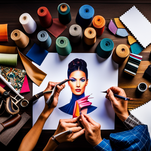 An image of a designer sketching a detailed drawing of a unique and elaborate costume footwear design, surrounded by colorful fabric swatches, leather samples, and various shoe-making tools and materials