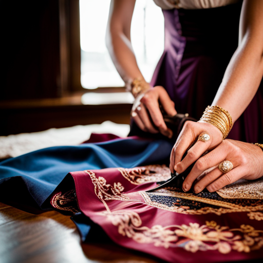 An image of a seamstress carefully stitching together a regal Tudor gown, surrounded by bolts of richly colored fabric, ornate trims, and historically accurate patterns