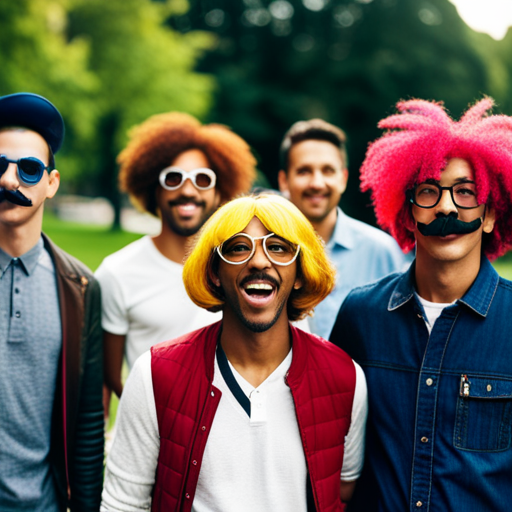 An image of a group of friends wearing elaborate disguises, such as oversized glasses, fake mustaches, and colorful wigs, while laughing and pulling pranks in a park or city setting