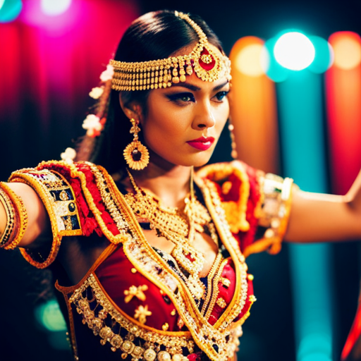 An image of a vibrant and intricate dance costume with bold colors and intricate detailing