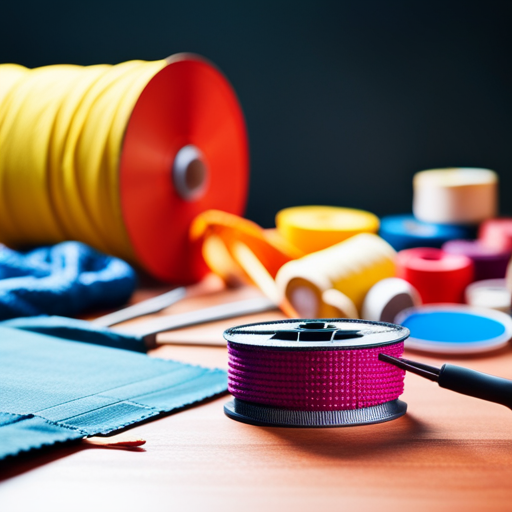 An image of a work table covered in colorful fabric, spools of thread, and various crafting tools