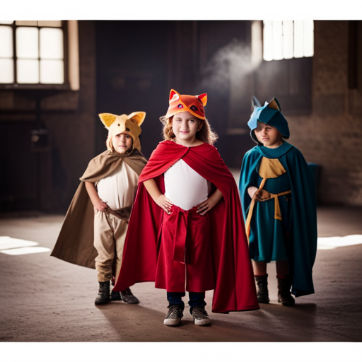 An image of a group of children wearing homemade costumes like animal masks, cardboard armor, and flowing capes, rehearsing their school play on a makeshift stage in a classroom