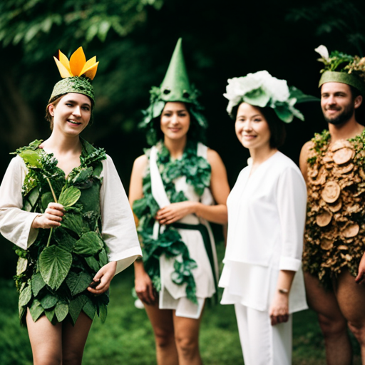 An image of a group of people wearing earth-inspired costumes made from recycled materials, such as a tree costume made from cardboard and leaves, a flower costume made from old fabric, and a water droplet costume made from plastic bottles