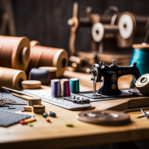 An image of a workbench covered in essential tools for costume making, including a sewing machine, fabric scissors, measuring tape, pins, thread, and a variety of needles