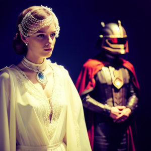 An image of a historical drama costume with intricate lace details and rich fabrics, next to a futuristic sci-fi costume with metallic accents and sleek lines