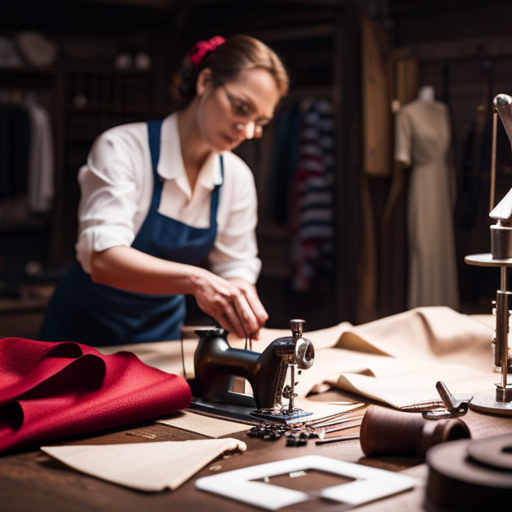 An image of a seamstress in a historical costume workshop, surrounded by bolts of fabric, patterns, and sewing tools