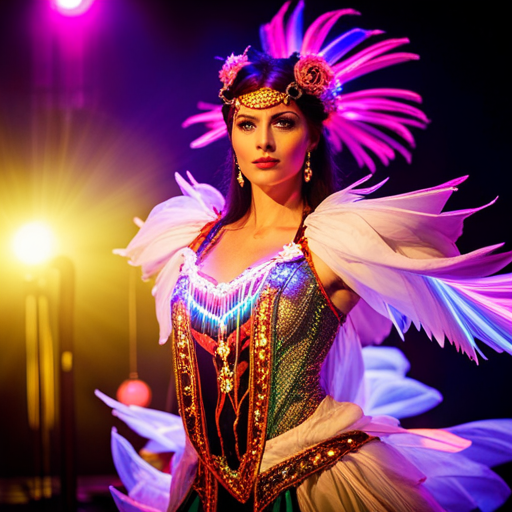 An image of a vibrant, illuminated costume featuring LED lights woven into the fabric, creating a dazzling display of color and movement