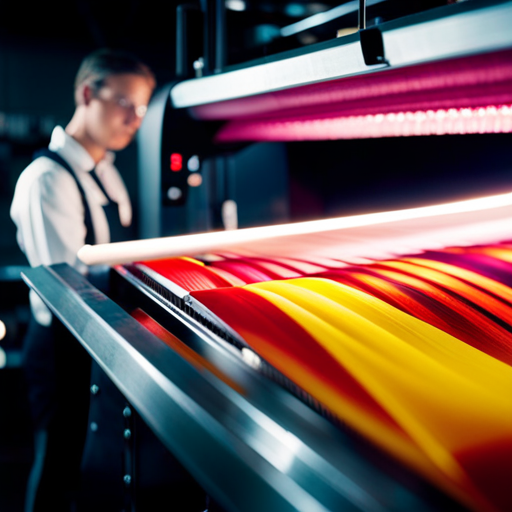 An image of a high-tech textile weaving machine in action, with intricate and colorful fabric being produced