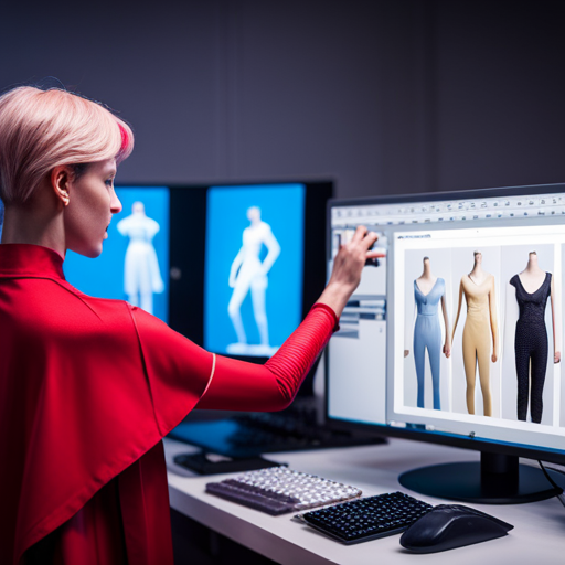 An image of a computer screen with a costume design software interface open, showing tools for creating and editing virtual costumes, fabric swatches, and customizable mannequins