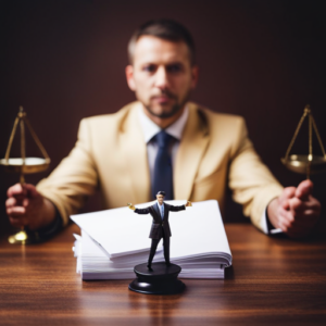 An image of a person dressed in a costume standing in front of a table with legal documents, contracts, and a scale representing the balance between creativity and compliance in a costume business