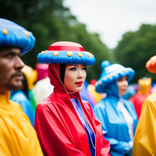 An image of a group of people wearing elaborate, colorful costumes that are designed to withstand rain and wind at an outdoor event