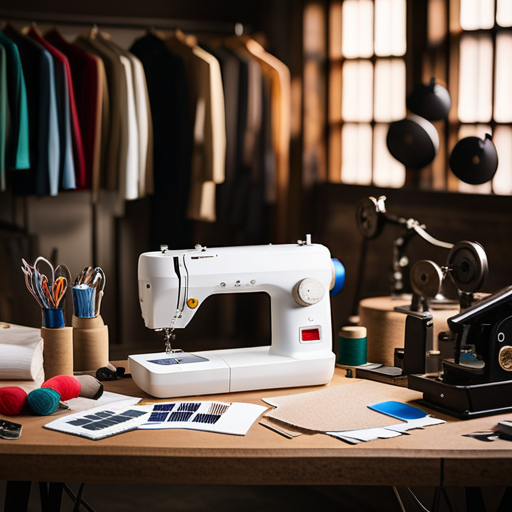 An image of a workspace with a sewing machine, fabric swatches, and costume sketches on a cork board