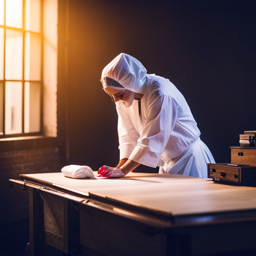 An image showing a handmade costume being carefully folded and placed in a clear, airtight storage container