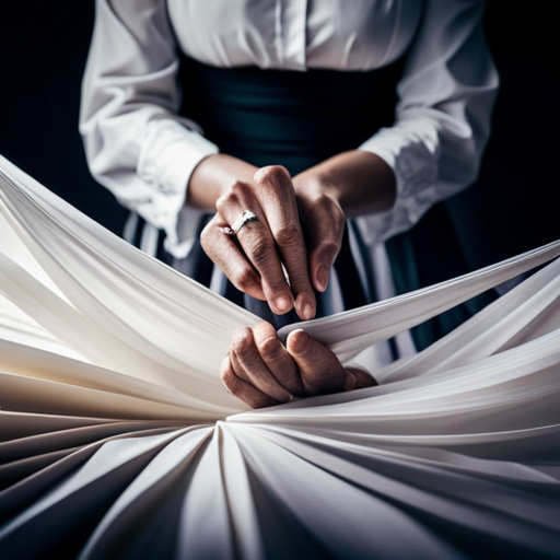 Close-up image of a costume designer's hands skillfully manipulating fabric to create a dramatic and unique draped shape