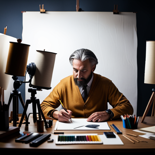 An image of an artist at a drafting table, sketching a detailed costume design