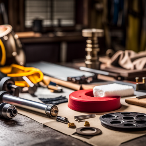 an image of a table covered in various tools and materials used in creating costume armor, such as foam, heat gun, sandpaper, and paint, to illustrate the basics of the process