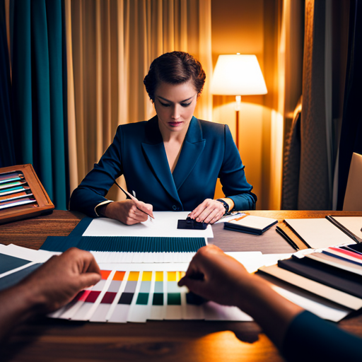 An image of a costume designer at work, carefully selecting and arranging swatches of fabric in various colors and shades to create a harmonious and visually impactful costume design