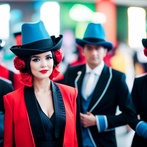 An image of a group of performers in matching, vibrant costumes that reflect a specific theme