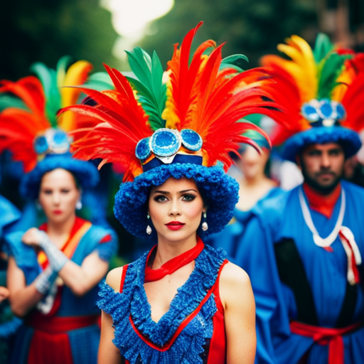 An image of a group of people dressed in colorful, elaborate costumes marching in a parade