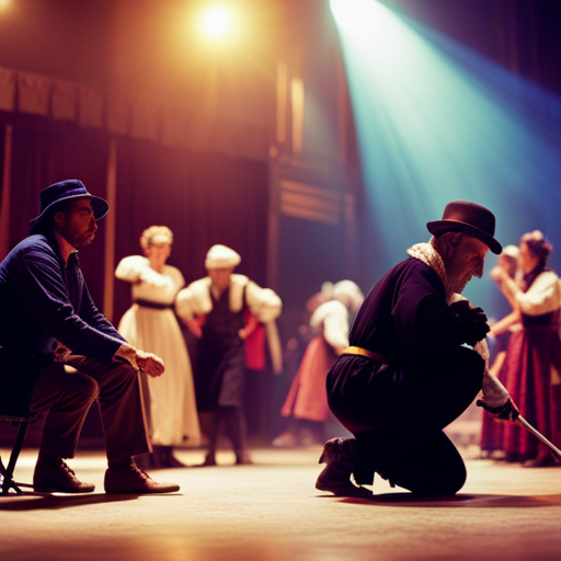 An image of a bustling backstage area with actors in various costumes and stagehands assisting with quick changes