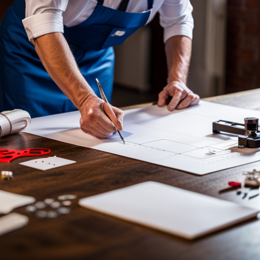 An image of a person laying out a costume pattern on a large table, with scissors, pins, and fabric nearby