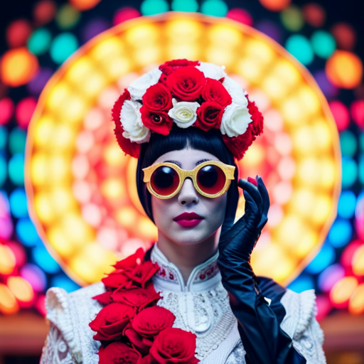 An image of a person wearing an intricately detailed costume, posing in front of a vibrant, eye-catching background