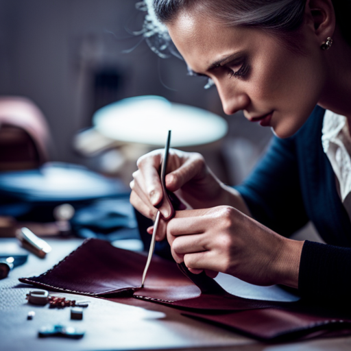 An image of a costume designer carefully stitching together a leather corset, using a heavy-duty needle and thick, supple leather